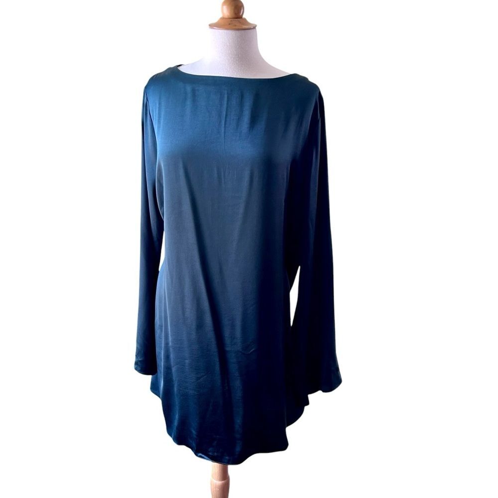 MADEWELL Dark Green Satin Long Bell Sleeve Mini Dress - XL - Picture 8 of 10